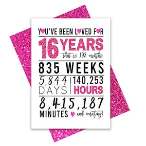 Hot Pink 16e verjaardagskaart, afdrukbare verjaardagskaart, 16e verjaardag printables, wenskaart printables, 16e verjaardag, 16e hartverjaardag