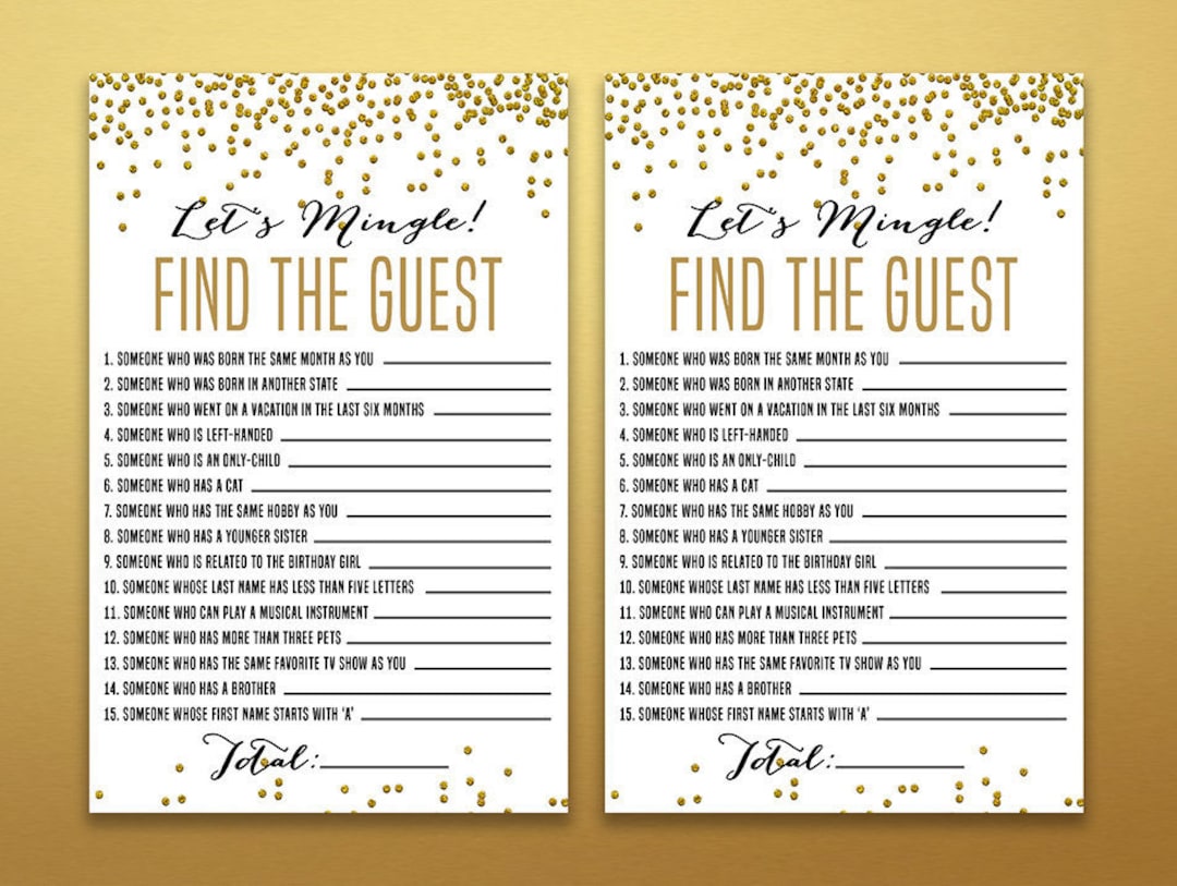 Find the Guest Game, Birthday Party Game Card, Gold Birthday Party ...