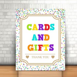 Karten und Geschenke Schild zum Ausdrucken, Bunte Karten und Geschenke Dekor, Regenbogen Geburtstagsparty Geschenk Tischschild, Baby Shower Party Dekor, Spaß Schild