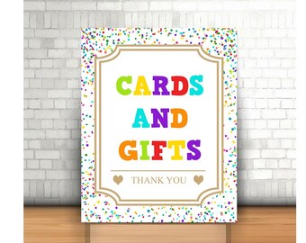 Cartello stampabile per biglietti e regali, decorazioni per biglietti e regali colorati, cartello per tavolo regalo per festa di compleanno arcobaleno, decorazioni per festa baby shower, cartello divertente