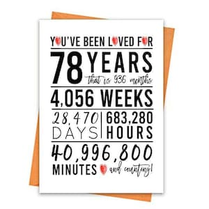 May include: White card with black text that reads "You've been loved for 78 years, that is 936 months, 4,056 weeks, 28,470 days, 683,280 hours, 40,996,800 minutes and counting!" with two red hearts.