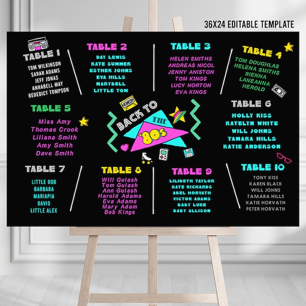 EDITABLE Retro Party Seating Chart, Printable 80s Party Sign, 80s Themed Party, 80s Themed Party Decor, Retro Birthday Seating Arrangement