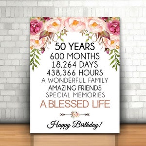 Impresión de fiesta de cumpleaños número 50, decoración de fiesta número 50, 8x10, 16x20, floral 50, oro rosa, póster, descargar, decoración de cumpleaños número 50 de oro rosa