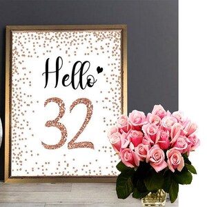 Placa Olá 32, Felicidades aos 32 anos, Placa de 32º aniversário, Placa de 32º aniversário, Decoração de festa de aniversário em ouro rosa, Decoração de aniversário, rosa 32
