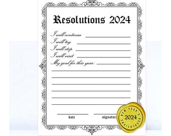 Editable 2024 New Years Resolutions, Printable New Year Goals List, New Years Activity for Kids Adults, Resolution List 2024, Template, Gold