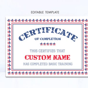 Boot Camp Certificate of Completion Template, Printable Army Basic Training Theme Birthday Party Favors, Editable Patriotic Certificate