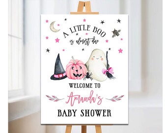 Letrero de bienvenida de Pink Halloween Baby Shower, letrero de bienvenida imprimible de halloween party, letrero de bienvenida de Baby Girl Shower, letrero de bienvenida de A Little Boo