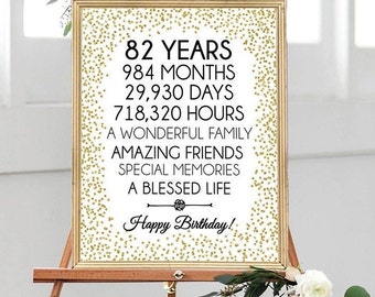 Feliz cumpleaños número 82, 8x10, 16x20, Saludos a los 82 años, signo de cumpleaños número 82, decoración de fiesta de cumpleaños de confeti dorado, decoración del cumpleaños número 82, imprimible