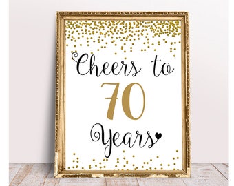 Saludos a 70 años, 4x6, 5x7, 8x10, 11x14, signo de cumpleaños número 70, signo del 70 aniversario, decoración de fiesta de cumpleaños de confeti dorado, decoración de fiesta