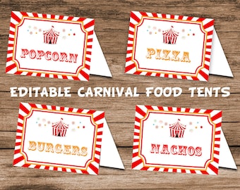 Editable Carnival Food Tent, Printable, Circus Tent Template, Circus Birthday Decoration, Instant Carnival Party, Custom Carnival Signs