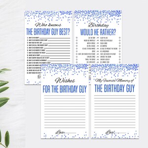 Paquete de juegos de cumpleaños para hombres azules, para él, juegos de fiesta de cumpleaños, conjunto para adultos imprimible, juegos de chicos, quién conoce al cumpleañero, lo haría, deseos
