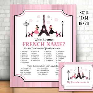 Wat is je Franse naambordje en kaarten, afdrukbaar spel, feestspel Parijs thema, naamspel Parijs, Parijs verjaardagsfeestje activiteit, meisje, cadeau