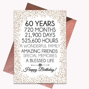 Tarjeta de cumpleaños número 60 en oro rosa, tarjeta de cumpleaños imprimible, imprimibles para el 60.° cumpleaños, tarjetas de felicitación imprimibles, rosa para el 60.° cumpleaños, rosa número 60