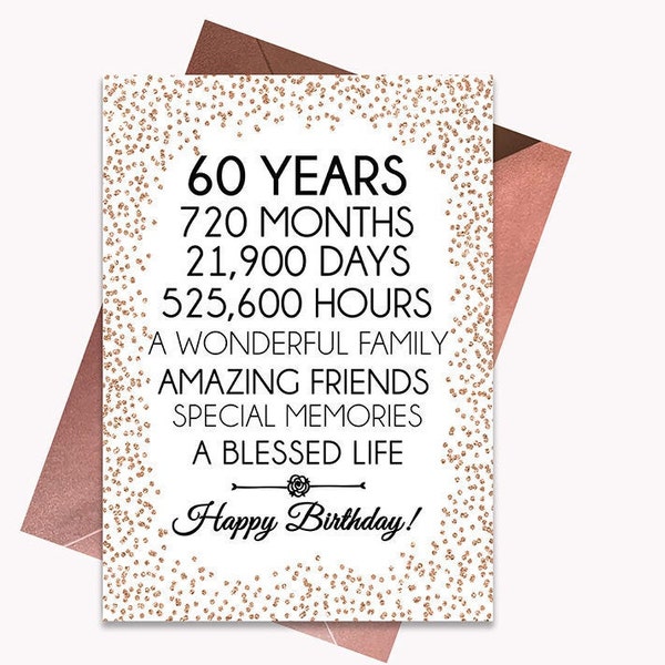 Rose Gold 60th Birthday Card, Printable Birthday Card, 60th Birthday Printables, Greeting card printables, rose 60th birthday, 60th rose
