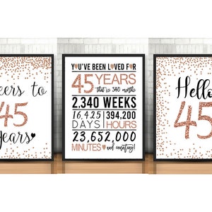 45th Birthday Decoration, 45th Birthday Signs Bundle, Cheers to 45 Years, Hello 45, Rose Gold 45th Birthday Signs, 45th anniversary pack