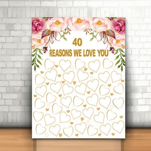 Floral 40 Reasons We Love You, 11x14, 16x20, Birthday Gift For Her, 40 birthday gift, printable 40 reasons , Gold 40 Reasons We Love You