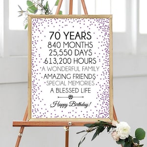 Púrpura 70 cumpleaños, 8x10, 16x20, 24x36, Saludos a 70 años, signo de cumpleaños número 70, decoración de fiesta de cumpleaños de confeti dorado, decoración de cumpleaños número 70