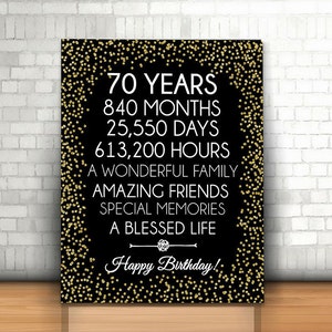 Happy 70th Birthday, 8x10, 16x20, 24x36, Cheers to 70 Years, 70th Birthday Sign, Gold confetti Birthday Party Decoration, 70th Birthday gold