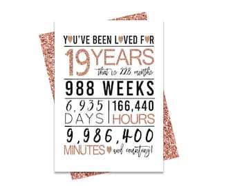 19th Birthday Card, Printable Birthday Card, Rose Gold 19th Birthday Card, Greeting card printables, rose 19th birthday, 19th heart birthday