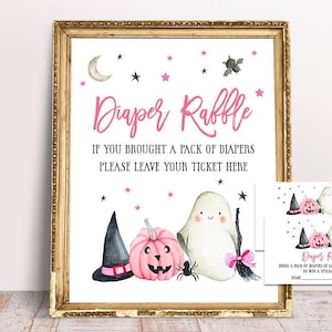 Pink Halloween Baby Shower, Halloween Diaper Raffle Sign and Ticket, Printable Baby Shower Decor, Halloween Baby Shower, Little Boo is Due
