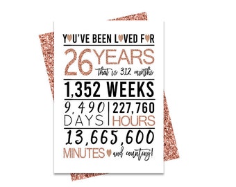 26th Birthday Card, Printable Birthday Card, 26th Birthday Printables, Greeting card printables, Rose Gold 26th birthday, 26th heart bday