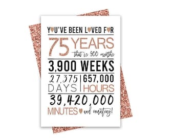 Rose Gold 75th Birthday Card, Printable Birthday Card, 75th Birthday Printables, Greeting card printable, rose gold card, 75th heart bday