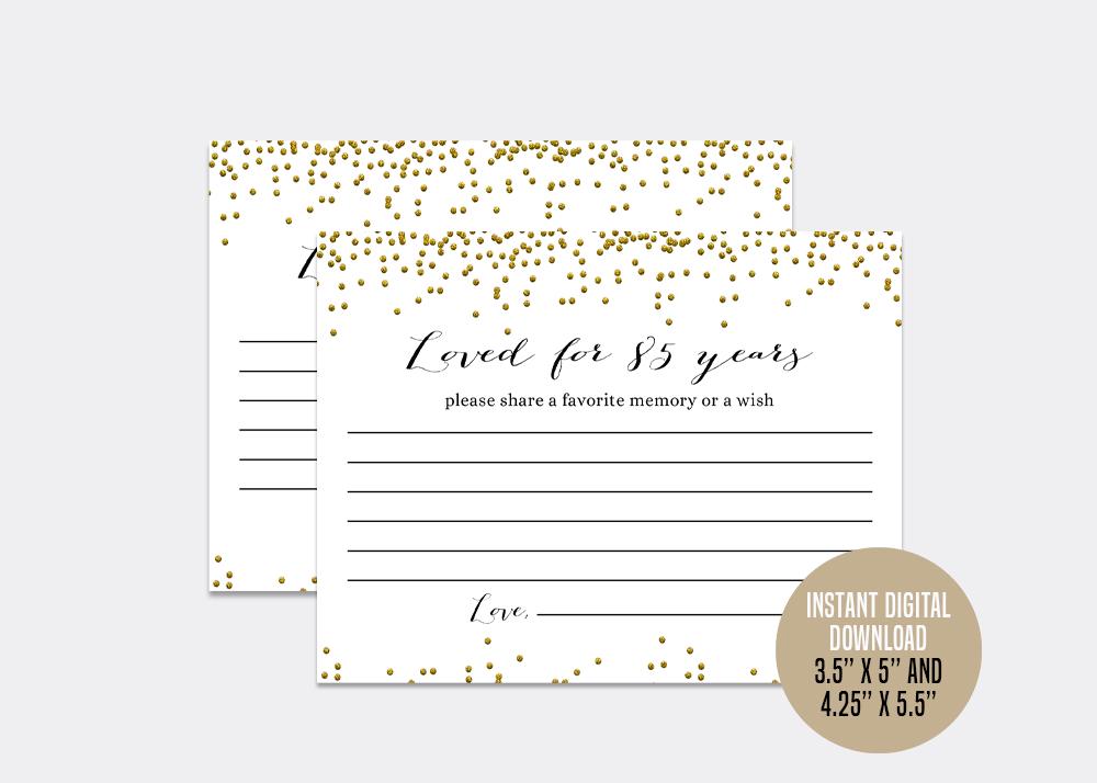 Loved for 85 Years, Birthday Party Cards, Printable, Share a favorite memory or a wish Sign, 85th Eighty Fifth bday, 85th Gold Gift
