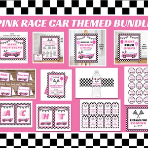 Pink Race Car Party Printable Decorations & Invitation Template Bundle, Two Fast / Fast One Birthday Theme, Girls Racing Car Birthday Party,