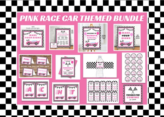 Pink Race Car Party Printable Decorations & Invitation Template Bundle, Two Fast / Fast One Birthday Theme, Girls Racing Car Birthday Party,