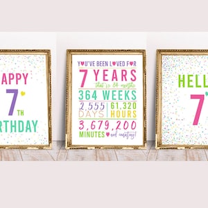 Schilder-Set zum 7. Geburtstag, Prost auf 7 Jahre, Alles Gute zum 7. Geburtstag, Hallo 7, Pastell-Geburtstagsdekoration, Pastell-Schilder zum 7. Geburtstag, Schilder zum 7. Geburtstag