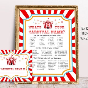 Enseigne et carte de nom de carnaval, imprimable, affiche de noms de cirque, quel est votre nom de carnaval ? Décoration d'anniversaire, décoration de fête, cadeau d'anniversaire de carnaval