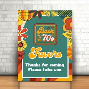 Signo de favores retro, signo de fiesta retro floral imprimible, regreso a los años 70, fiesta de cumpleaños de retroceso, decoración de fiesta retro, favores retro gracias