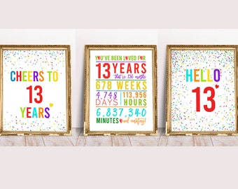 13th Birthday Signs Bundle, Printable, Cheers to 13 Years, Hello 13 Sign, Happy 13th Birthday, Colorful 13th Birthday Signs, 13th signs