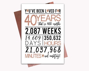 Rose Gold 40th Birthday Card, Printable Birthday Card, 40th Birthday Printables, Greeting card printables, rose 40th birthday, 40th heart