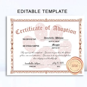 May include: A pink paw print certificate of adoption with a gold seal. The certificate reads "Certificate of Adoption" and includes the names "Annabella Wilson" and "Maggie". The date is July 21, 2023.