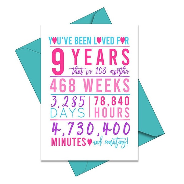 9th Birthday Card, Printable Birthday Card, 9th Birthday Printables, Greeting card printable, 9th birthday, pink 9th birthday card, Princess