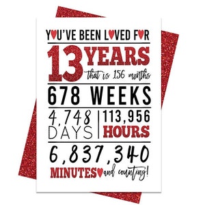 Carte rouge 13e anniversaire, carte d'anniversaire imprimable, 13e anniversaire à imprimer, cartes de voeux à imprimer, 13e anniversaire rouge, 13e coeur