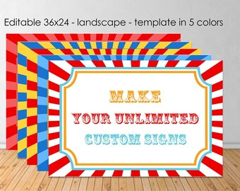 Puede incluir: Cinco plantillas imprimibles en formato horizontal de 36x24 pulgadas para carteles personalizados. Cada plantilla presenta un fondo a rayas rojas, blancas y azules con un rectángulo blanco en el centro. El rectángulo tiene un borde dorado y el texto "MAKE YOUR UNLIMITED CUSTOM SIGNS" en rojo, azul y amarillo.