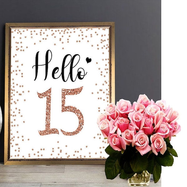 15th Birthday Sign, Hello 15, Cheers to 15 Years, rose gold 15th birthday, printable happy 15th, 15th birthday party, printable 15th party