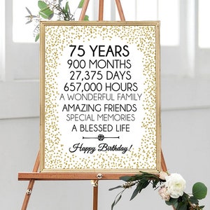 Gold 75th Birthday Sign, Printable, 75th Birthday Gift, Gold Birthday Party Decoration, 8x10, 16x20, last minute birthday gift, Gold 75th