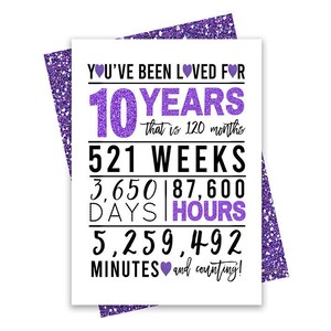 Cartão roxo de 10º aniversário, cartão de aniversário para impressão, 10º aniversário para impressão, cartões comemorativos para impressão, roxo 10º aniversário, 10º coração