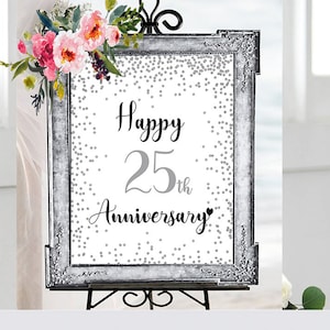 Feliz 25 aniversario, Saludos a 25 años, 25 aniversario de bodas, decoración de fiesta de aniversario de confeti de plata, decoración de aniversario, archivos