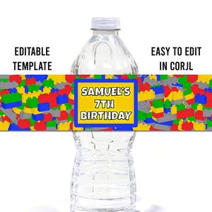 May include: A clear water bottle with a custom label featuring a colorful block design. The label reads "SAMUEL'S 7TH BIRTHDAY" in a yellow box. Text on the label says "EDITABLE TEMPLATE" and "EASY TO EDIT IN CORJL".