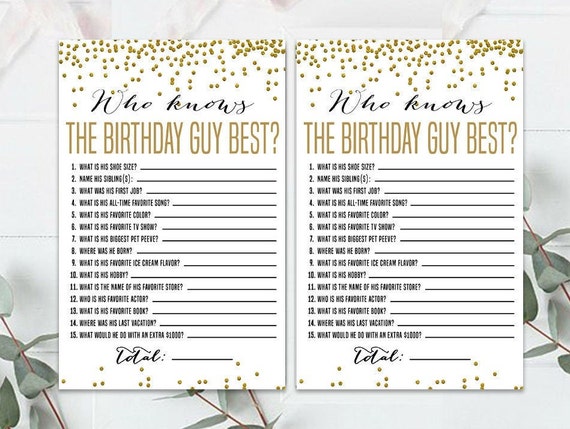 Who knows the birthday guy best, How well do you know the birthday boyl,  Birthday Quiz, Men Birthday party game, Activity, Gold Birthday