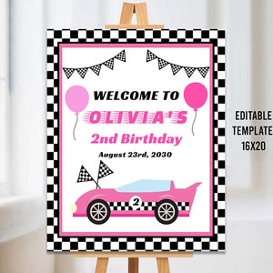 Editable Pink Race Car Welcome Sign, Racing Party, Girl Birthday Party, Car Party, Racing Birthday Party, Door Sign, Corjl, Pink Car Welcome