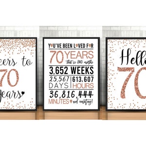 Decoración del 70 cumpleaños, paquete de signos de cumpleaños 70, vítores a 70 años, hola 70, signos de cumpleaños dorados del 70 aniversario, paquete de signos del 70 aniversario