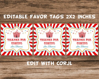 Editable Carnival Birthday Favor Tags, Printable, Circus Tent Template, Circus Birthday Decoration, Instant Carnival Party Decor, Favor Tag