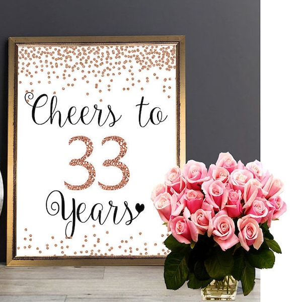 Cheers to 33 Years,  33rd Birthday Sign, 33rd Anniversary Sign, Rose Gold  Birthday Party Decoration, Birthday décor, 33rd Birthday Decor