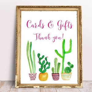Kaarten en geschenkenbord, sappige kaarten en geschenken, felroze cactuskaarten en geschenken, afdrukbare kaarten en geschenkbord, doucheborden, roze cactus
