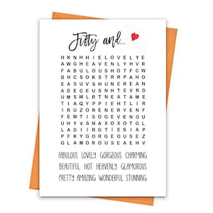 Carte d'anniversaire 50e, carte d'anniversaire imprimable, 50e anniversaire imprimables, cartes de voeux imprimables, carte d'anniversaire de recherche de mot, mêlée de mots